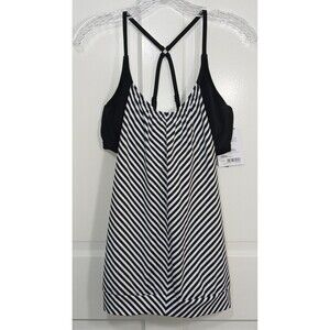 NWT Athleta Slash Stripe Blousy Tankini Top Swimsuit Black White 38 B/C #213457
